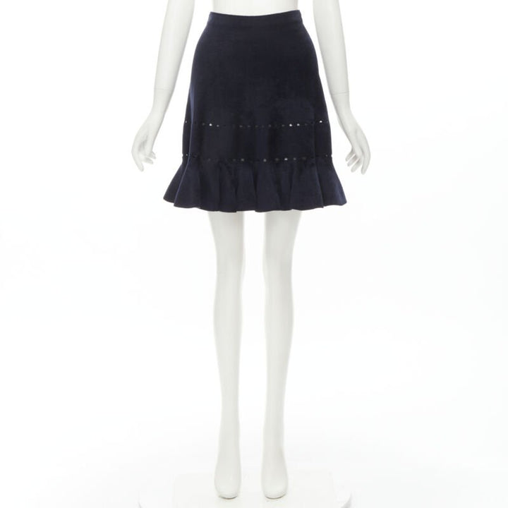 ALAIA black velour geometric cut out flared hem skirt FR38 M