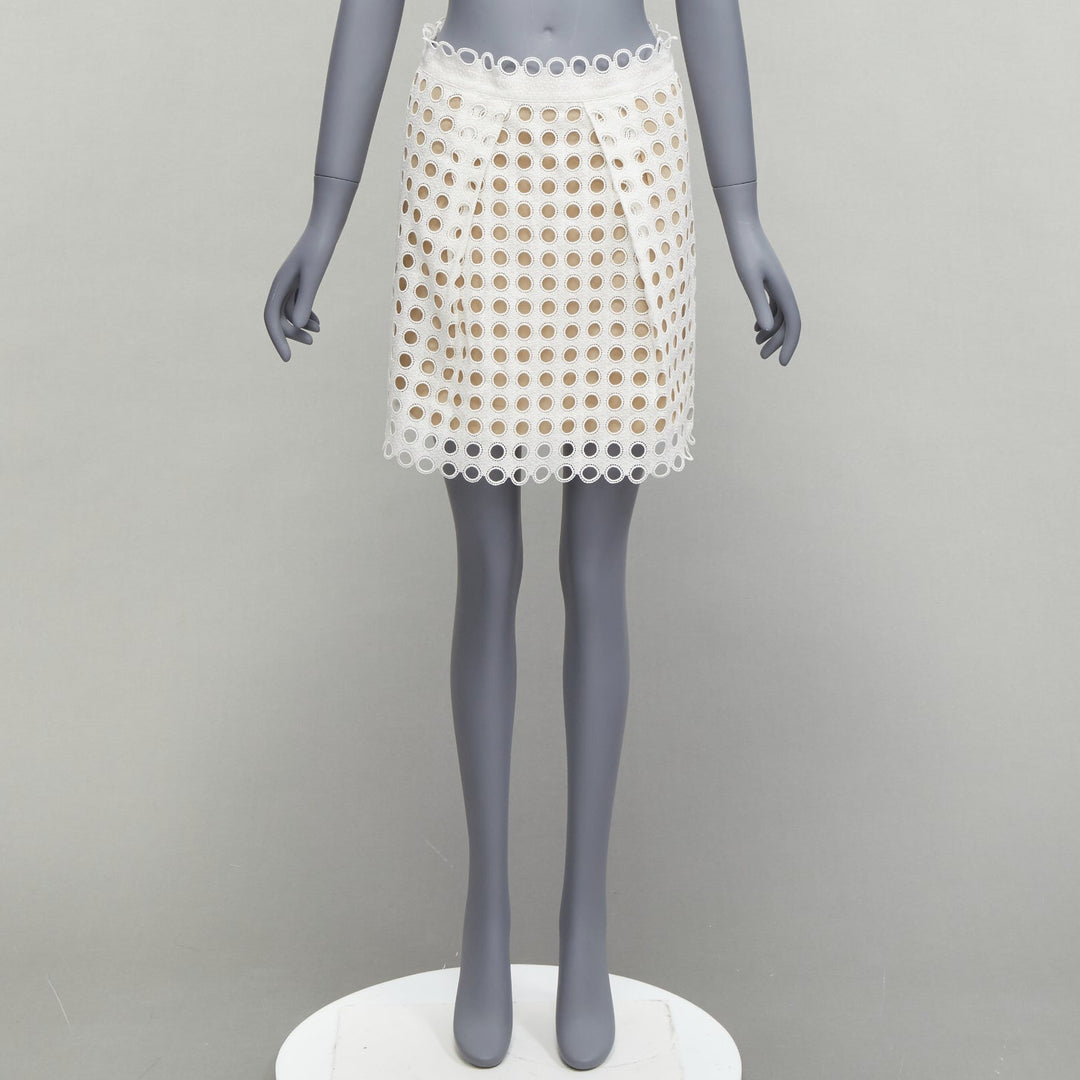 CHLOE white embroidery anglais eyelet layered silk lined skirt FR34 XS