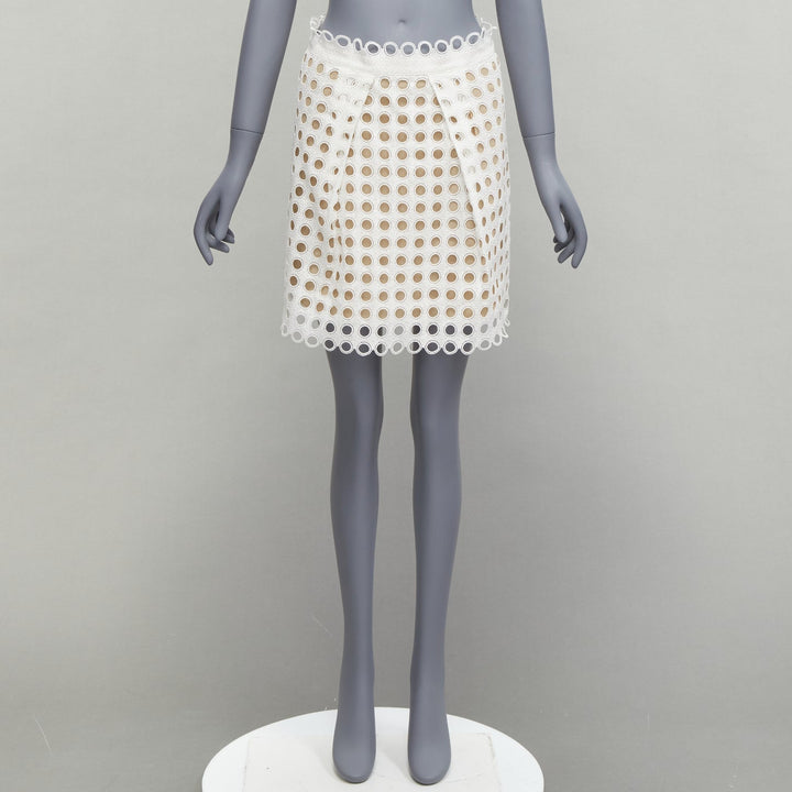 CHLOE white embroidery anglais eyelet layered silk lined skirt FR34 XS