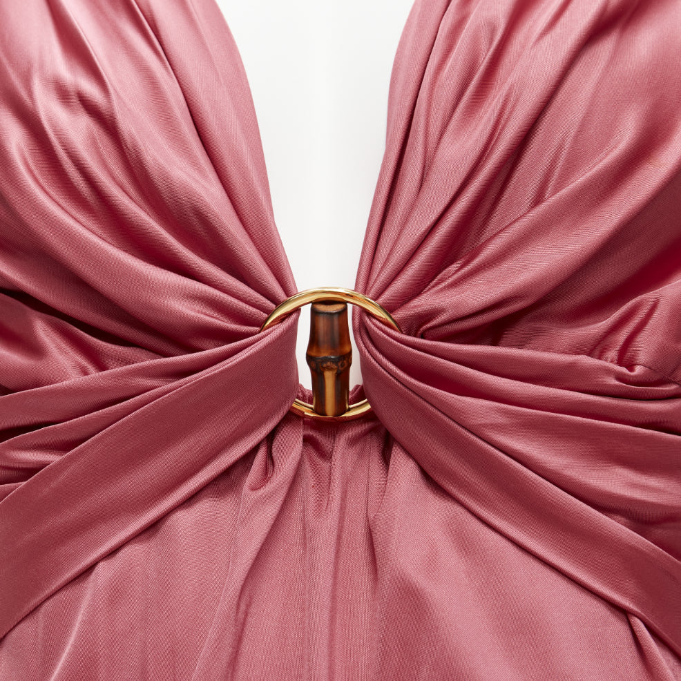 GUCCI pink bamboo buckle silky deep V billow sleeve blouse IT44 L