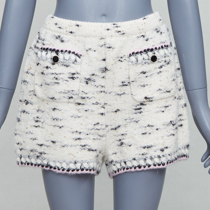 CHANEL 21A Runway cream cashmere wool tweed trim boucle knit shorts FR40 L
