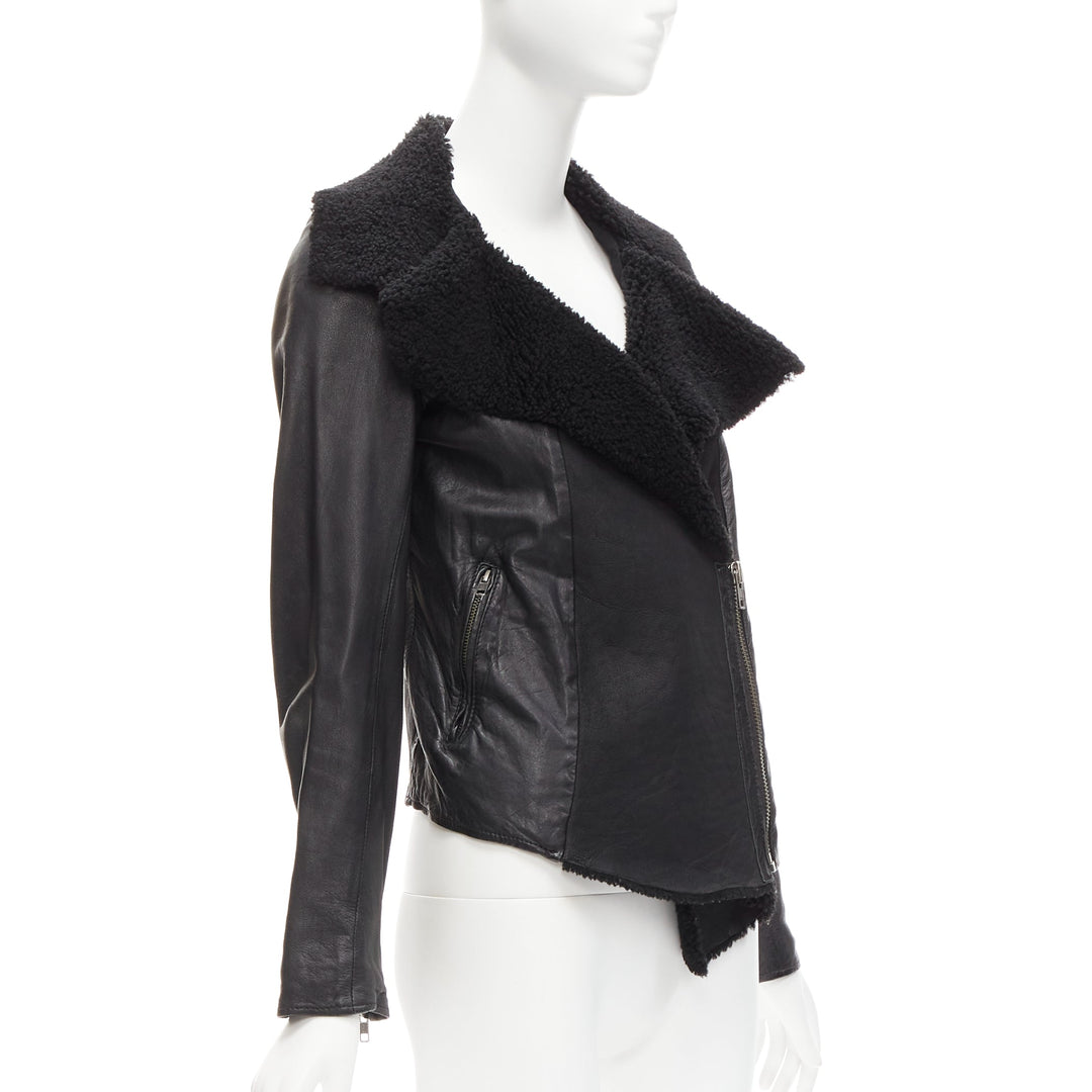 ALL SAINTS Nene black sheepskin leather shearling lined biker jacket UK8 S