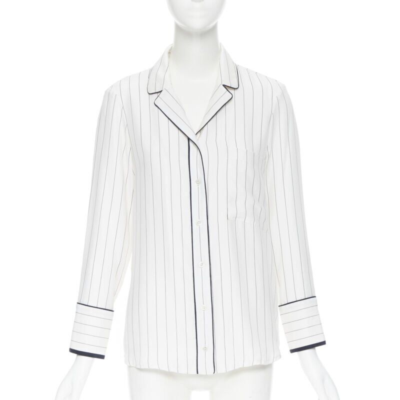 FRAME 100% silk white black vertical stripe black piping casual pyjama shirt XS