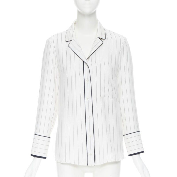 FRAME 100% silk white black vertical stripe black piping casual pyjama shirt XS