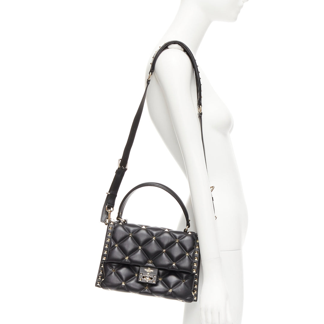 VALENTINO Candystud black nappa lambskin gold studded turnlock 2 way satchel bag
