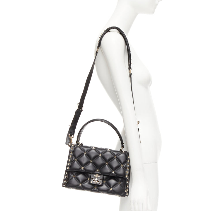 VALENTINO Candystud black nappa lambskin gold studded turnlock 2 way satchel bag