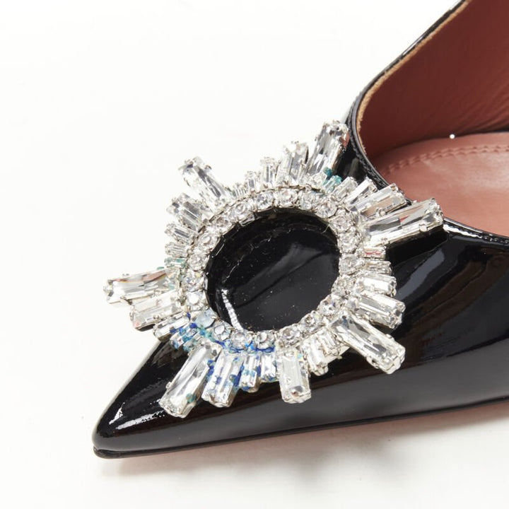 AMINA MUADDI Begum black patent crystal buckle point toe pump EU37