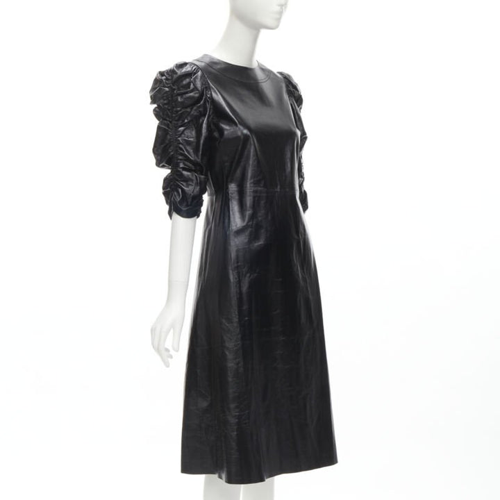 rare OLD CELINE Phoebe Philo black shiney lambskin rusched sleeve dress FR36 S