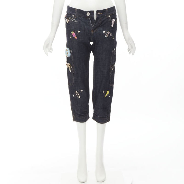 rare MOSCHINO JEANS Vintage dark denim hair clip embroidered cargo jeans IT38 XS