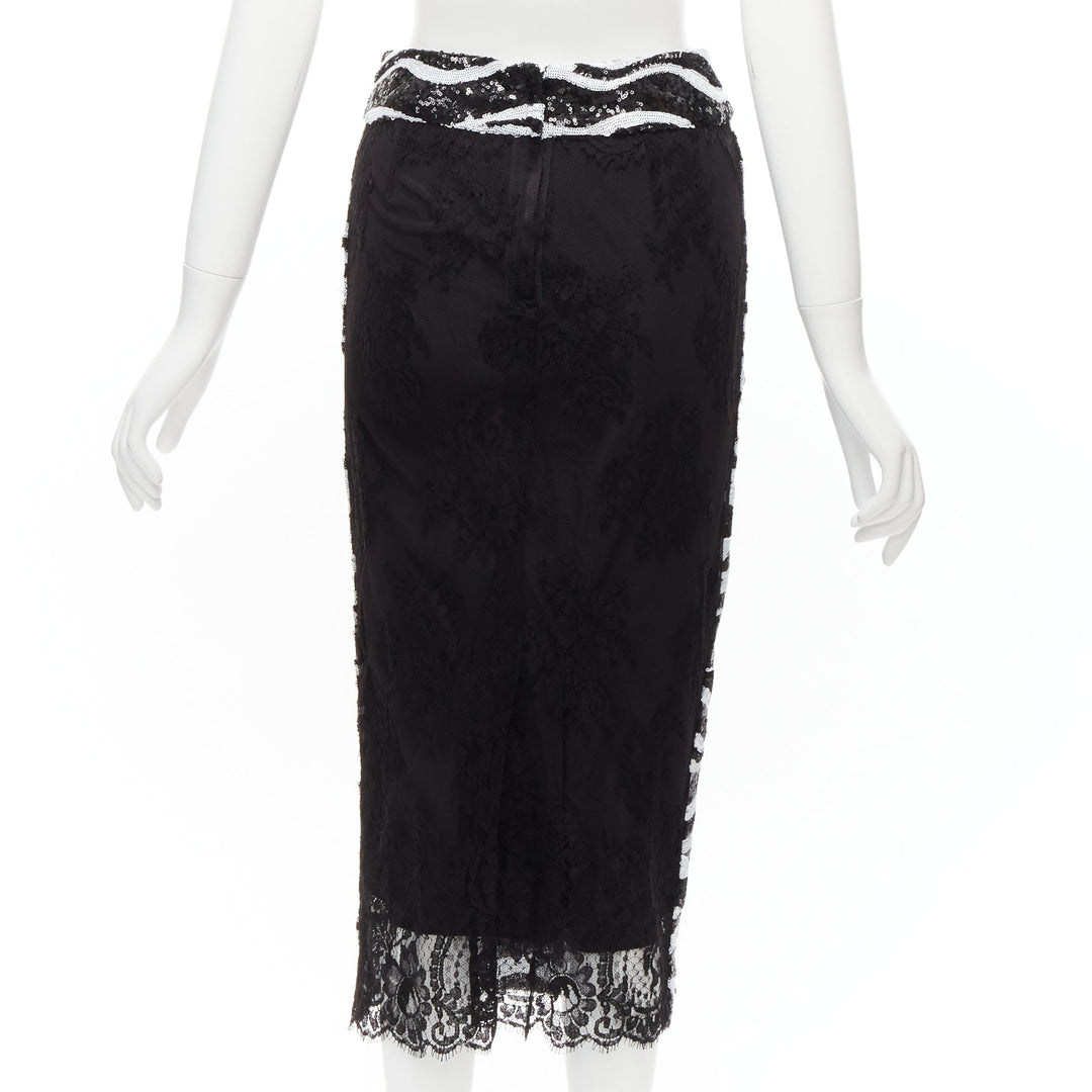 DOLCE GABBANA 2022 black white zebra sequins chantilly lace back skirt IT38 XS