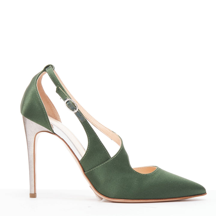 RUPERT SANDERSON Nanda green satin d'orsay silver heel pointy pumps EU36