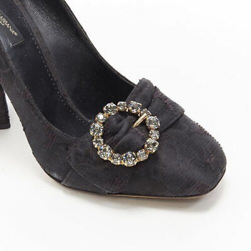 DOLCE GABBANA black brocade strass crystal brooch angular heel pump EU39 US9