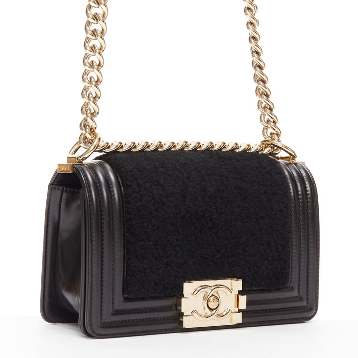 CHANEL Boy Small black shearling leather gold CC push lock chain flap bag