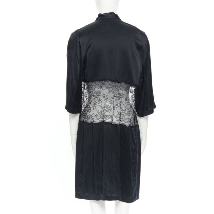 PRESENT LONDON black 100% silk floral lace panel lingerie short kimono robe UK8