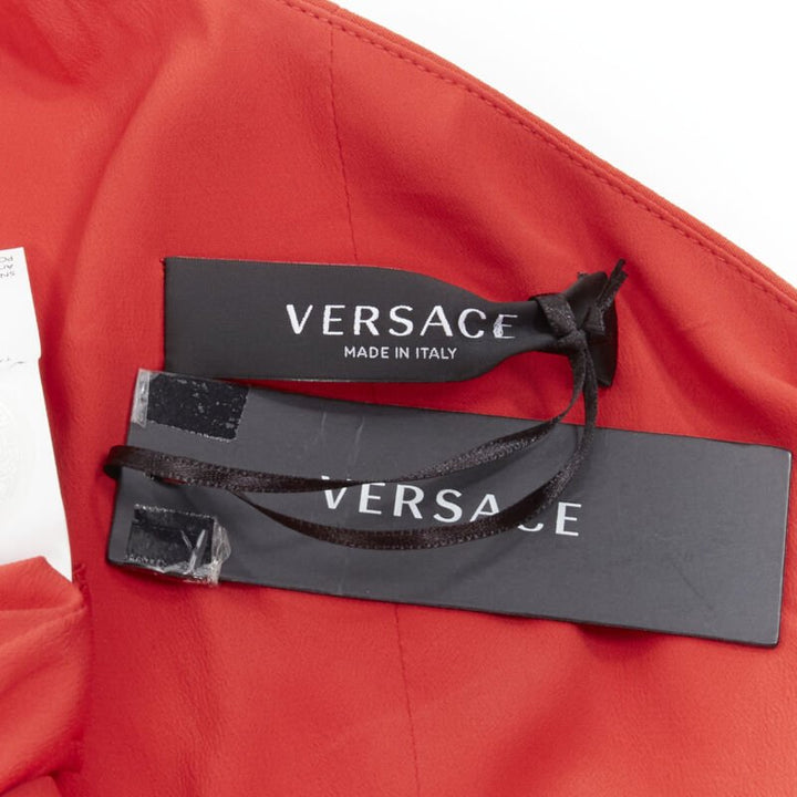 VERSACE 100% silk red gold Virtus V clasp one shoulder gown dress IT38 XS