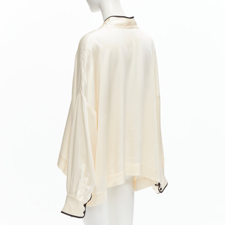 FRS FOR RESTLESS SLEEPERS cream crepe satin bow tie relaxed pajama blouse M