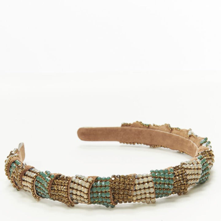 ALEXANDER ZOUARI bronze leather copper white green crystal encrusted headband