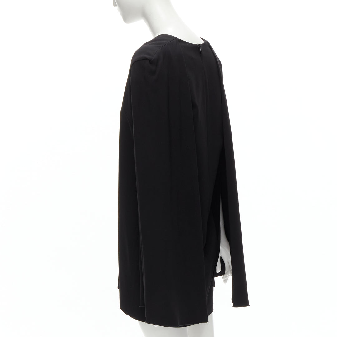 DION LEE black satin cape sleeve minimal V neck boxy short dress AUS10 M