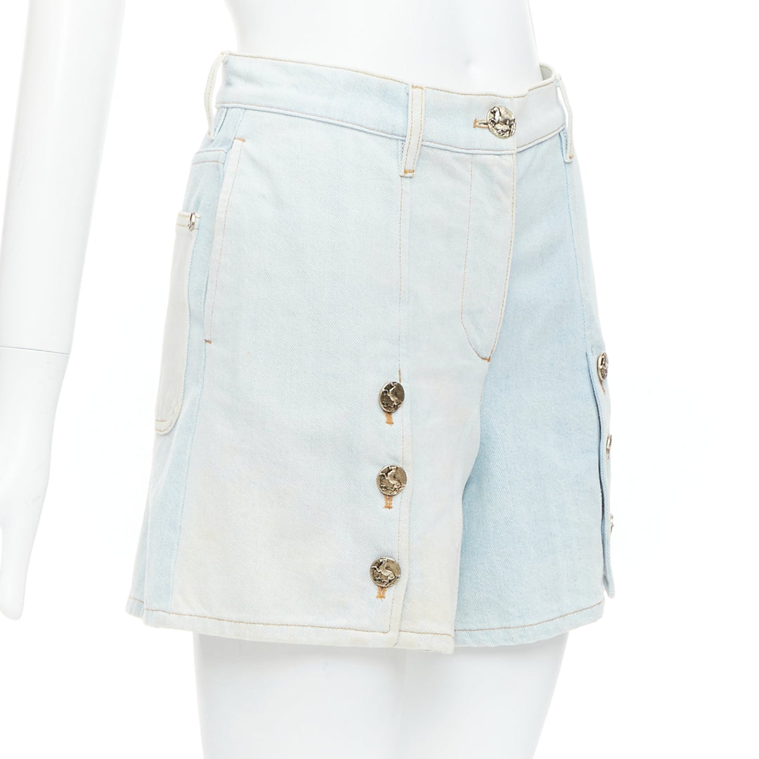 CHANEL 2018 Runway light blue washed denim horse buttons shorts FR34 XS