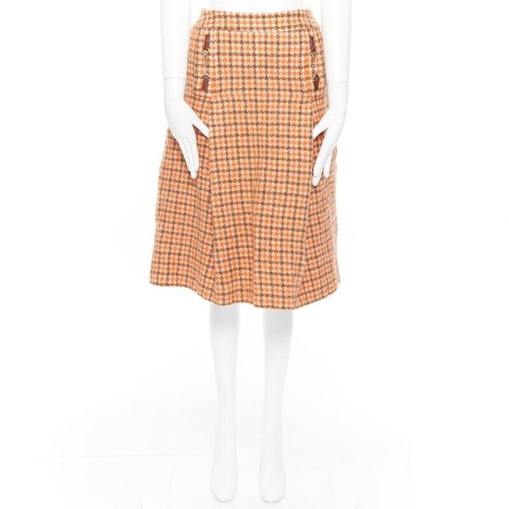 vintage CELINE 1980 orange check wool pleat skirt leather horsebit cuff FR44 XXL