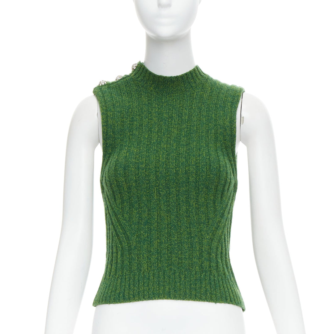 GANNI green recycled wool blend crystal button crew cropped vest XXS