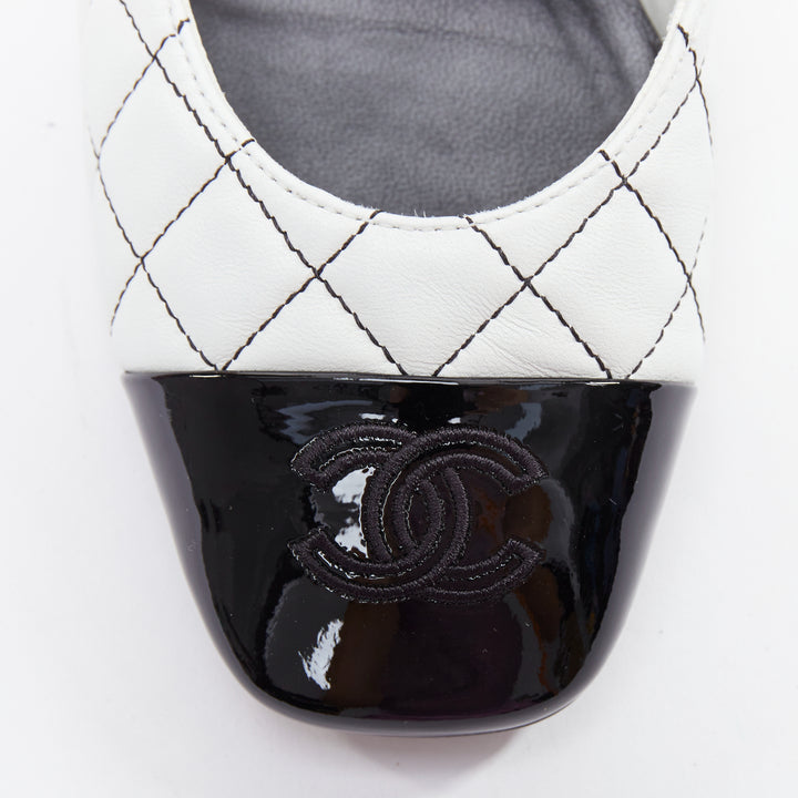 CHANEL 2022 black white quilted topstitch patent cap toe maryjane heels EU36.5