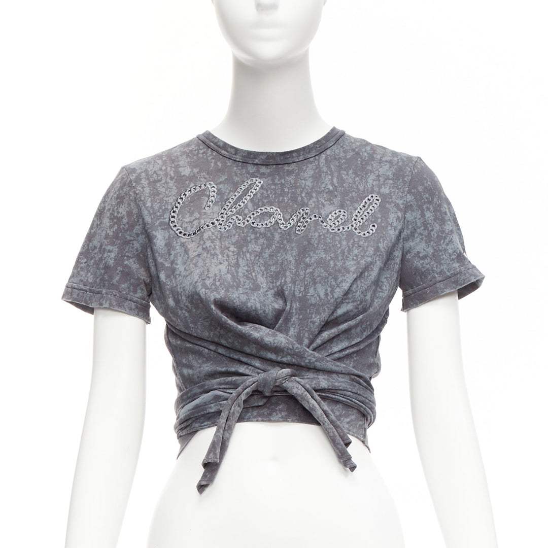 CHANEL 2021 grey rope logo embroidery tie cropped tshirt FR34 XS
