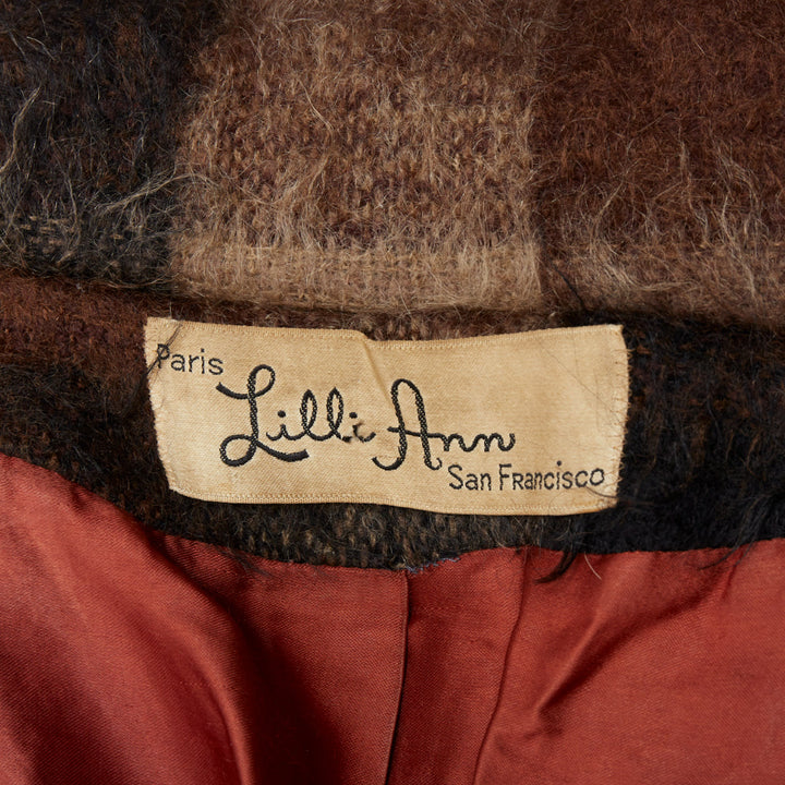 LILLI ANN Vintage brown checked mohair wide sleeve long overcoat