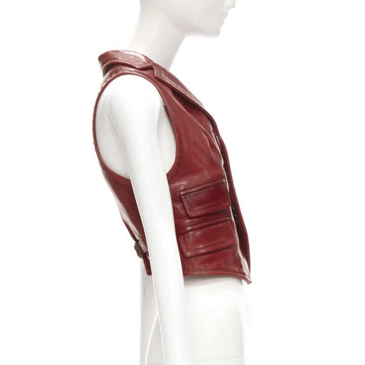 DSQUARED2 Y2K distressed red leather hook bar cropped vest S