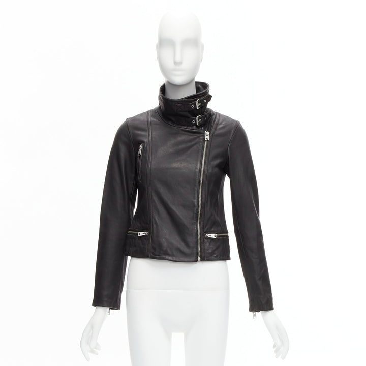 ALL SAINTS Bales black lamb leather buckles funnel collar biker jacket UK6 XS