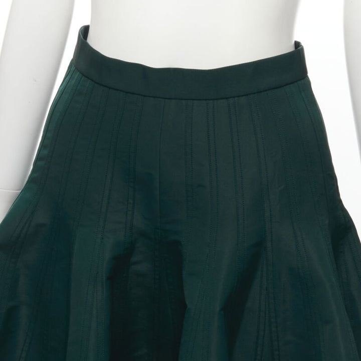 ALEXANDER MCQUEEN green taffeta top stitching panelled flared midi skirt IT36 XS