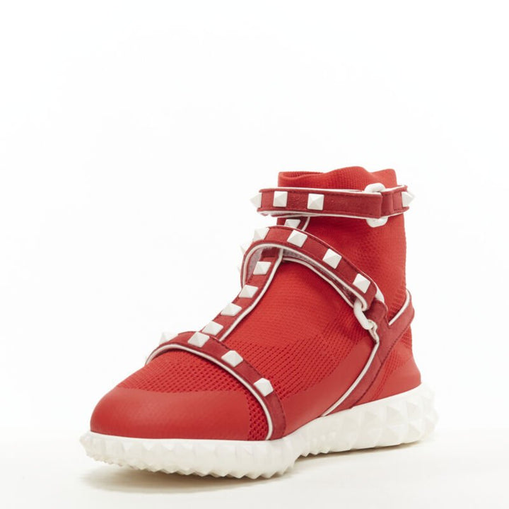 VALENTINO Free Rockstud Bodytech red sock knit white stud high top sneaker EU36