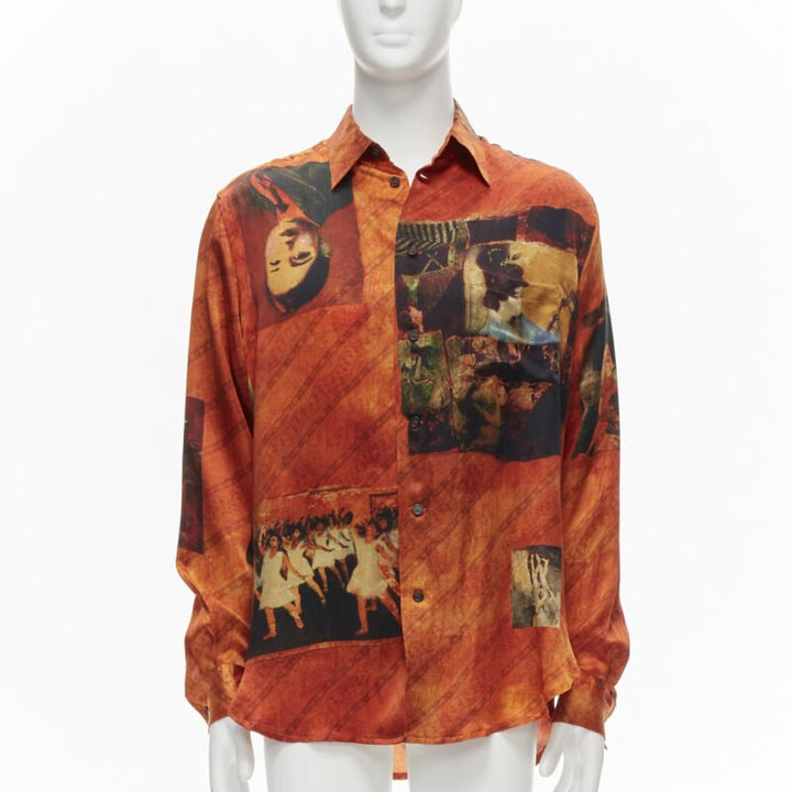 rare YOHJI YAMAMOTO 2004 100% silk Taisho Japanese portrait orange shirt JP2 M