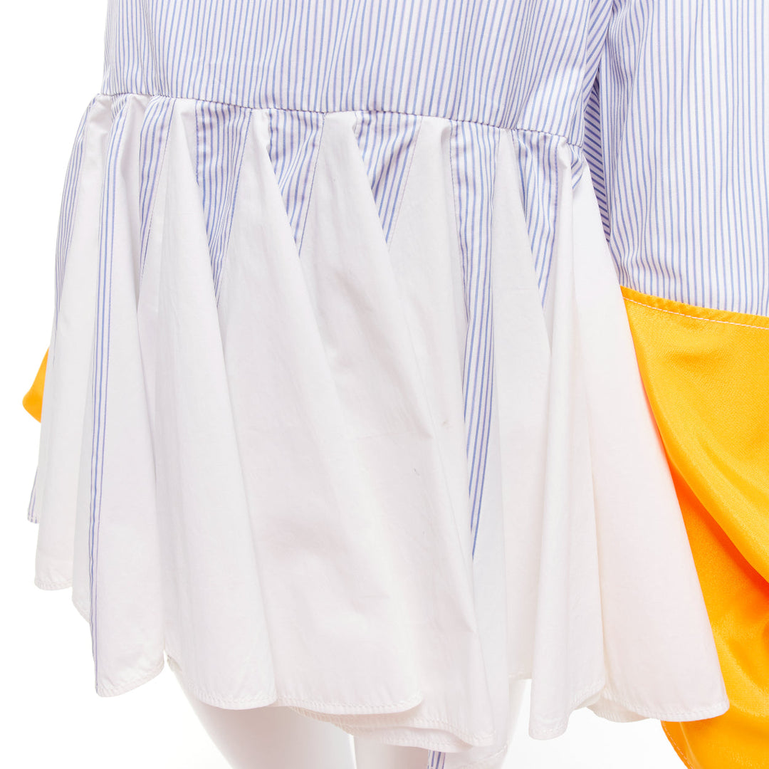 MARINE SERRE yellow blue white pinstriped puff sleeve peplum top M