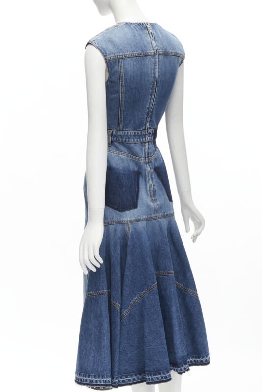 ALEXANDER MCQUEEN 2021 Runway washed denim shadow bodice midi dress IT38 XS