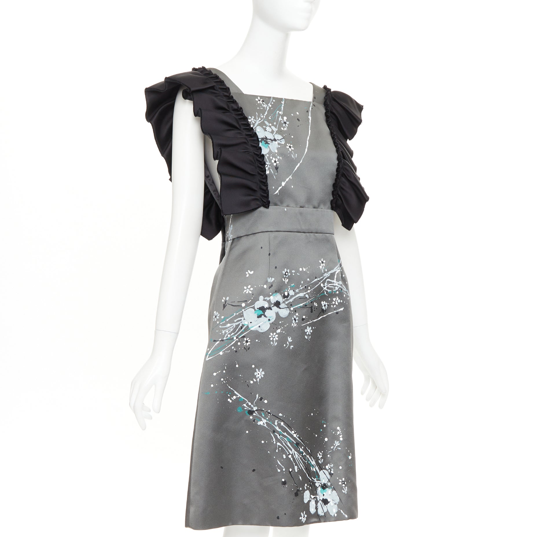 rare MIU MIU 2019 Runway grey black silk ruffle hand painted apron