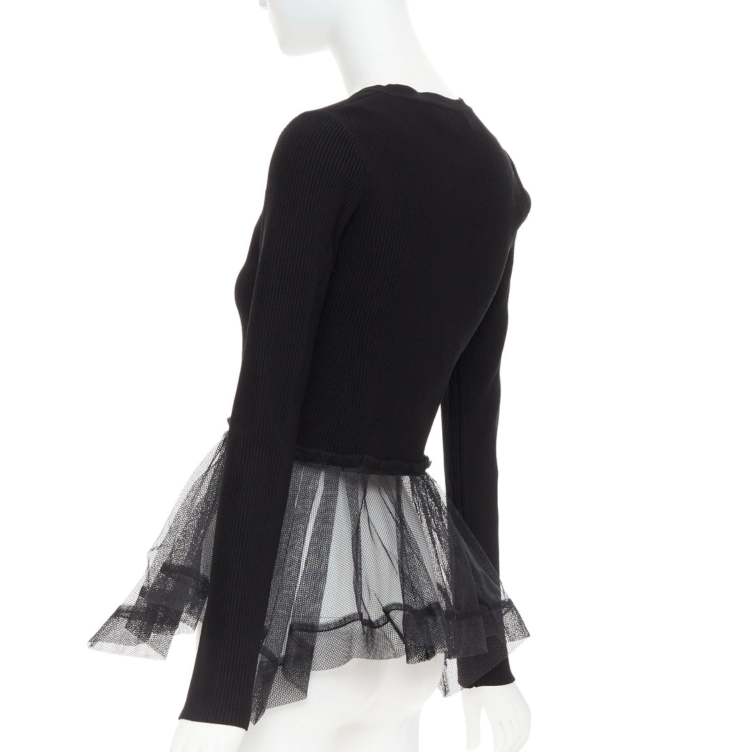 ALEXANDER MCQUEEN 2023 black ribbed stiff sheer tulle peplum cardigan sweater S