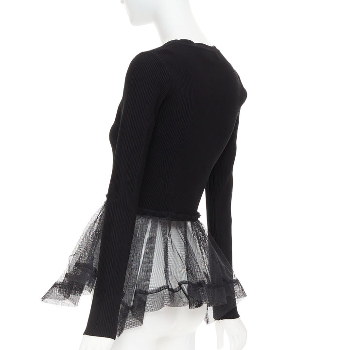 ALEXANDER MCQUEEN 2023 black ribbed stiff sheer tulle peplum cardigan sweater S