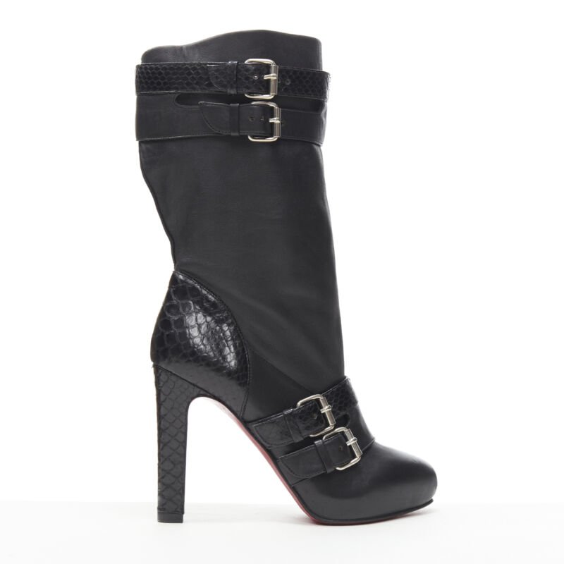 CHRISTIAN LOUBOUTIN Loubi Bike black scaled leather buckle platform boot EU37