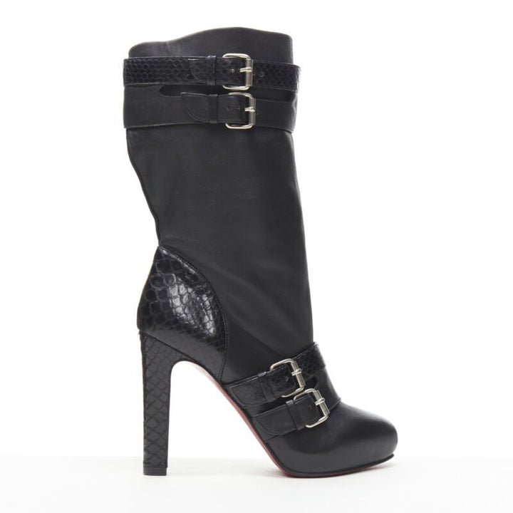CHRISTIAN LOUBOUTIN Loubi Bike black scaled leather buckle platform boot EU37