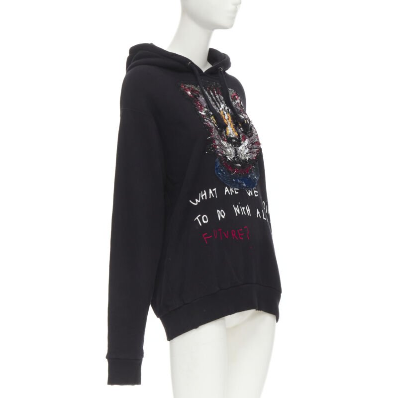 GUCCI Cat sequins Future print black cotton oversized hoodie S