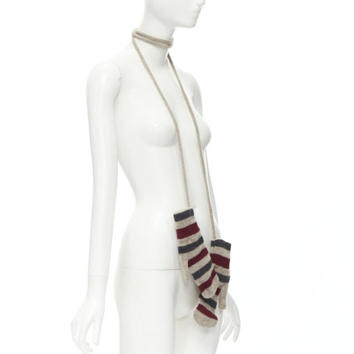 BURBERRY 100% lambs wool red black beige striped mitten glove on string