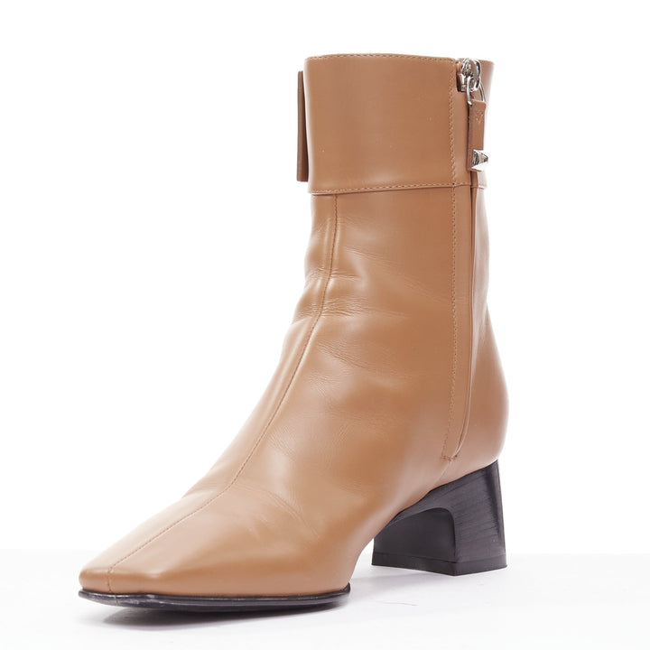 HERMES Decouverte 50 Beige Dore brown leather silver hardware ankle boots EU36