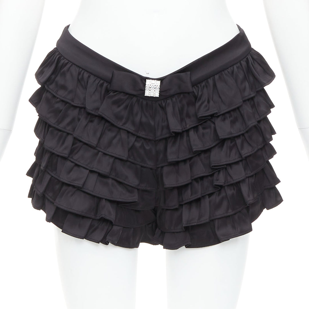 SHUSHU TONG black viscose ruffle tiered crystal bow mini shorts UK6 XS