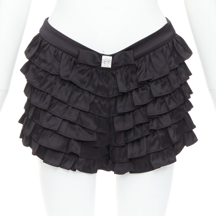 SHUSHU TONG black viscose ruffle tiered crystal bow mini shorts UK6 XS