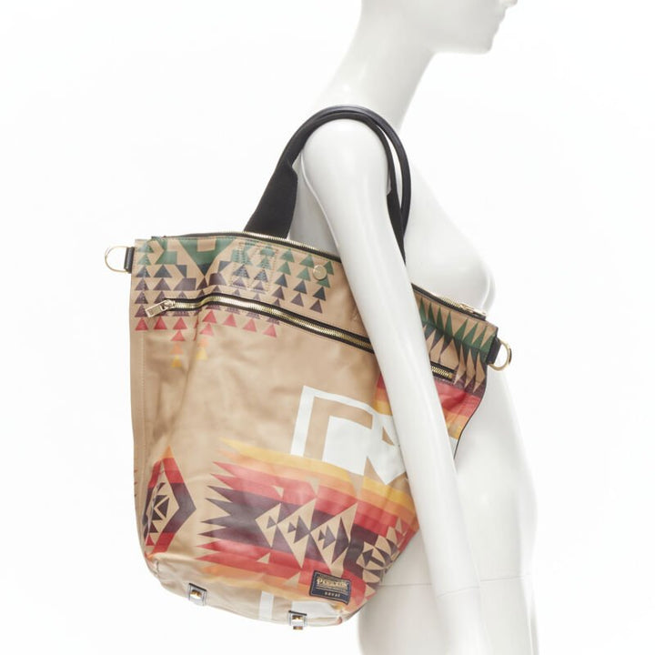 rare SACAI PENDLETON aztec ethnic print brown leather foldover tote bag