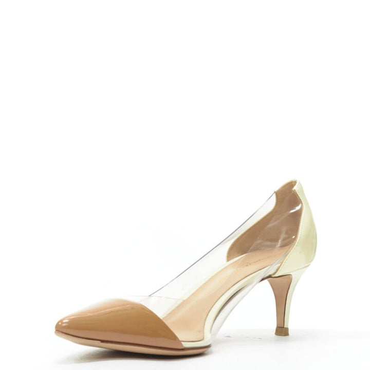 GIANVITO ROSSI Plexi Vernice Powder cream patent PVC nude toe cap heel EU37.5