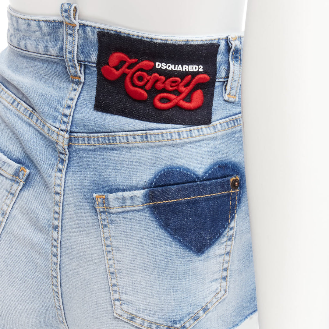 DSQUARED2 HONEY blue heart washed denim leopard lined hot pants IT36 XXS