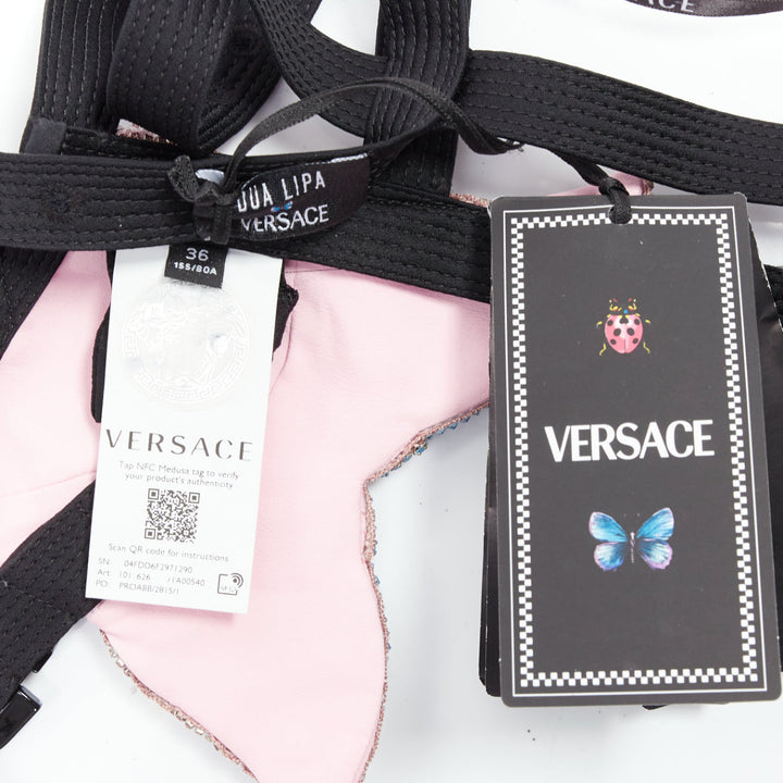 rare VERSACE Dua Lipa 2023 Vacanza Runway crystal butterfly bondage bra IT36 XXS