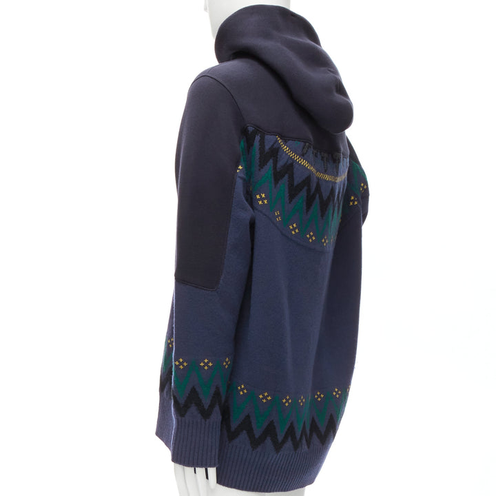 SACAI 2018 navy cotton blend fairisle knit sweater hyrid hoodie JP3 L